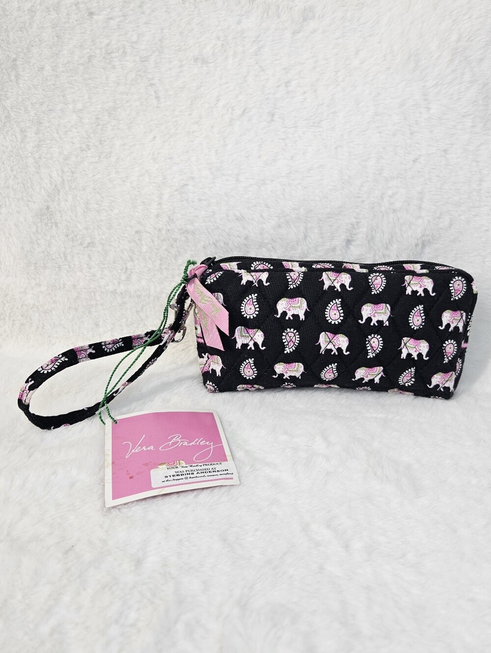 Vera Bradley Pink And Black Elephant Print Cosmetic Bag Wristlet
